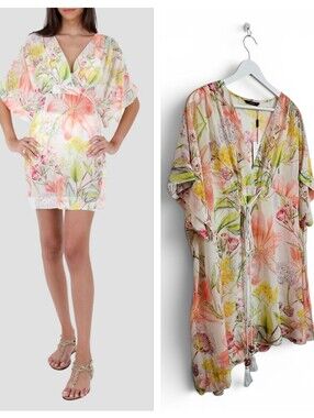 Zingara Cover Up Dress M/L Malu Poncho Watercolor Floral Swim Resort NWT